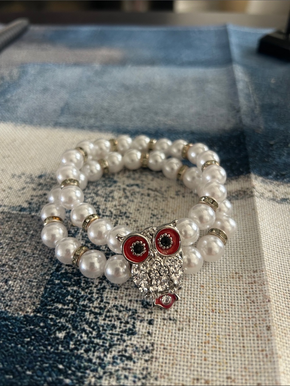 Pearl Stretch Bracelet with Red-Enamel Owl Charm